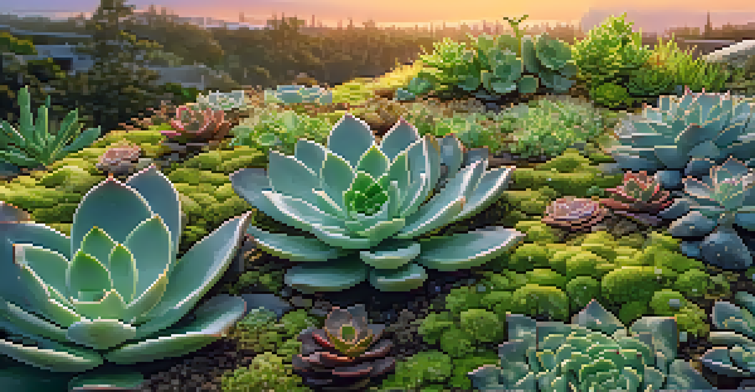 A close-up of various succulents and mosses on a green roof, illuminated by sunset light with water droplets glistening on the leaves.
