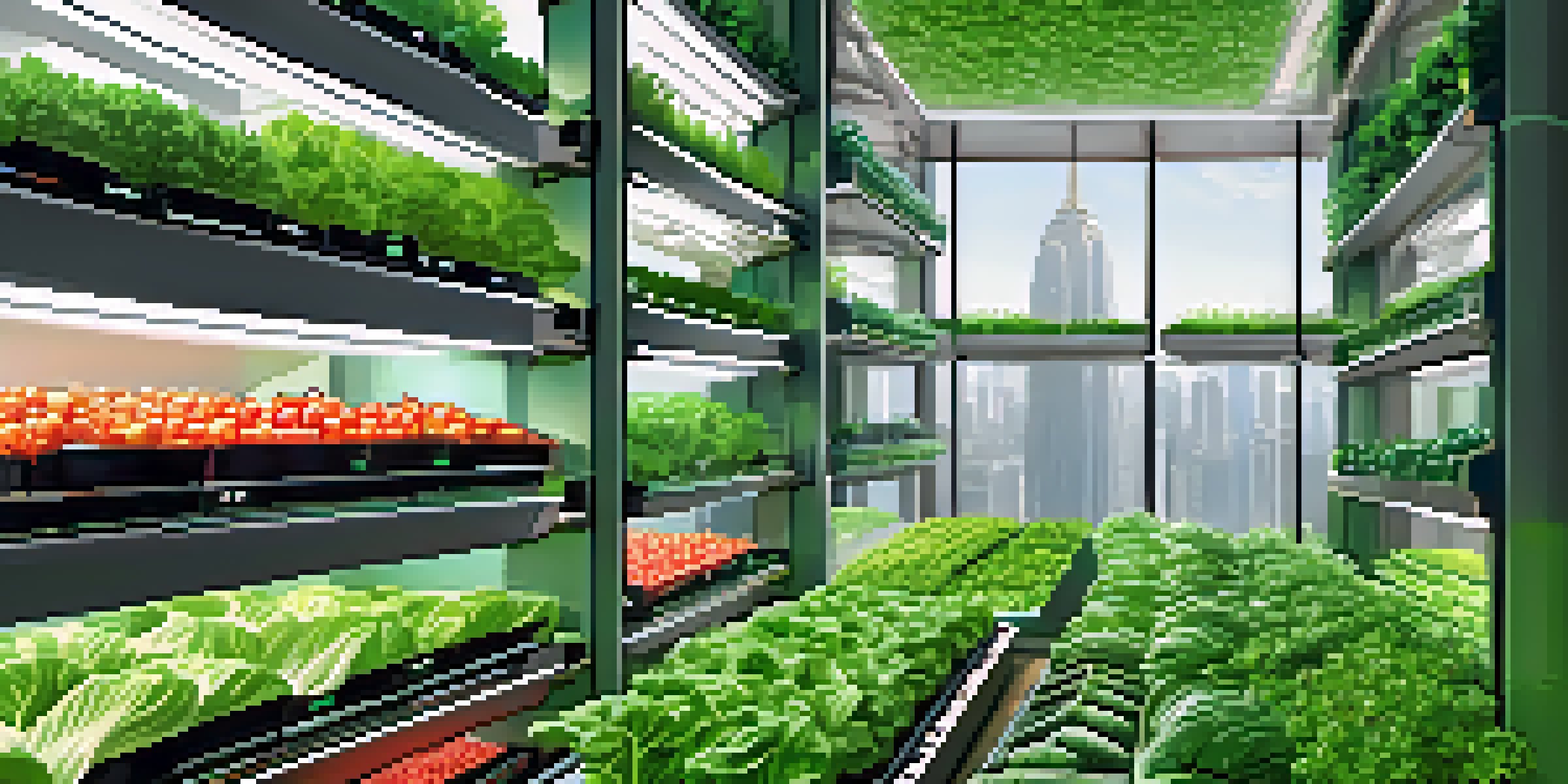 A tall skyscraper with multiple layers of green crops growing inside, sunlight streaming through large windows, and an automated system tending the plants.