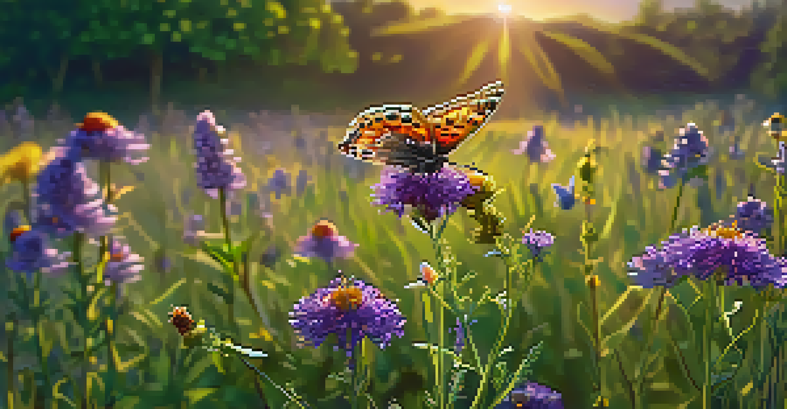 A peaceful meadow with wildflowers, butterflies, and bees, featuring a butterfly on a purple flower.