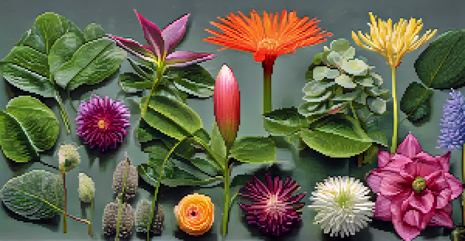 A close-up arrangement of various plant species with scientific labels, showcasing their textures and colors.
