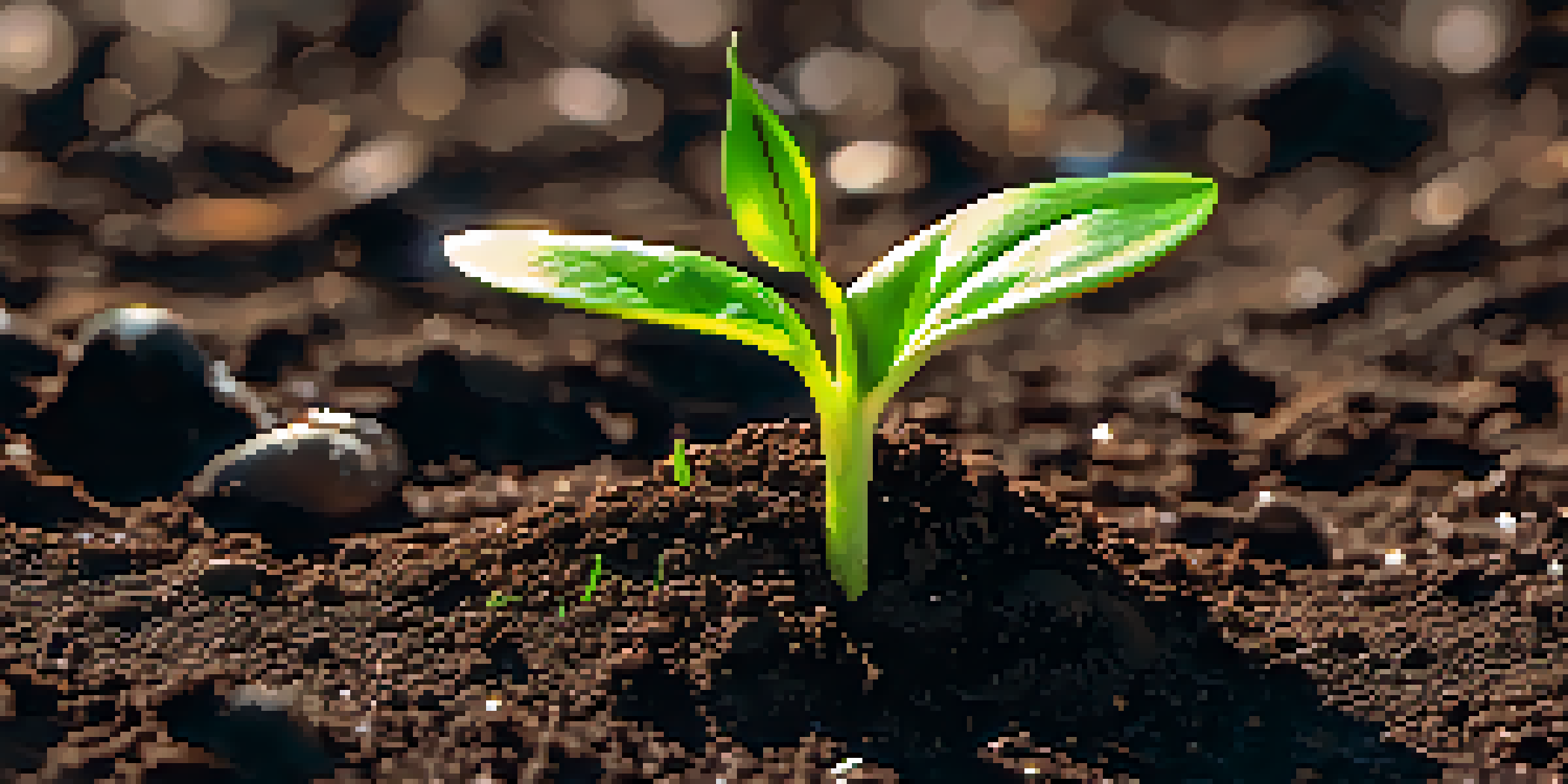 A close-up of a germinating seed with a green seedling breaking through the dark soil under soft sunlight.