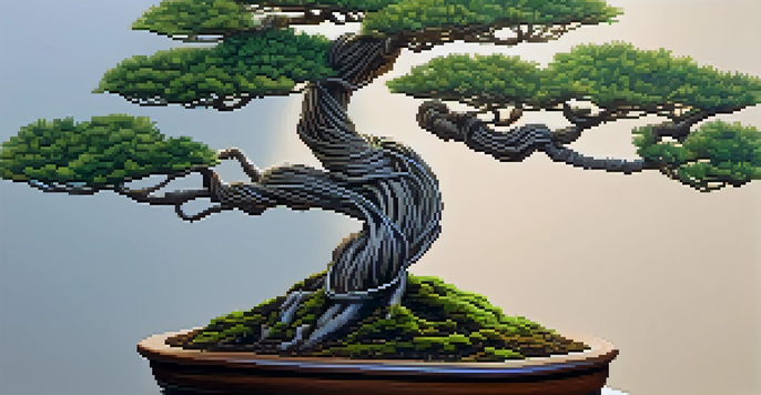 A close-up of a bonsai tree with wire wrapped around its branches in a tranquil garden setting.