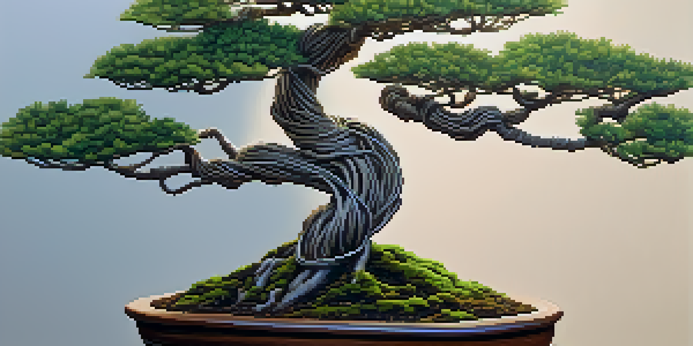 A close-up of a bonsai tree with wire wrapped around its branches in a tranquil garden setting.