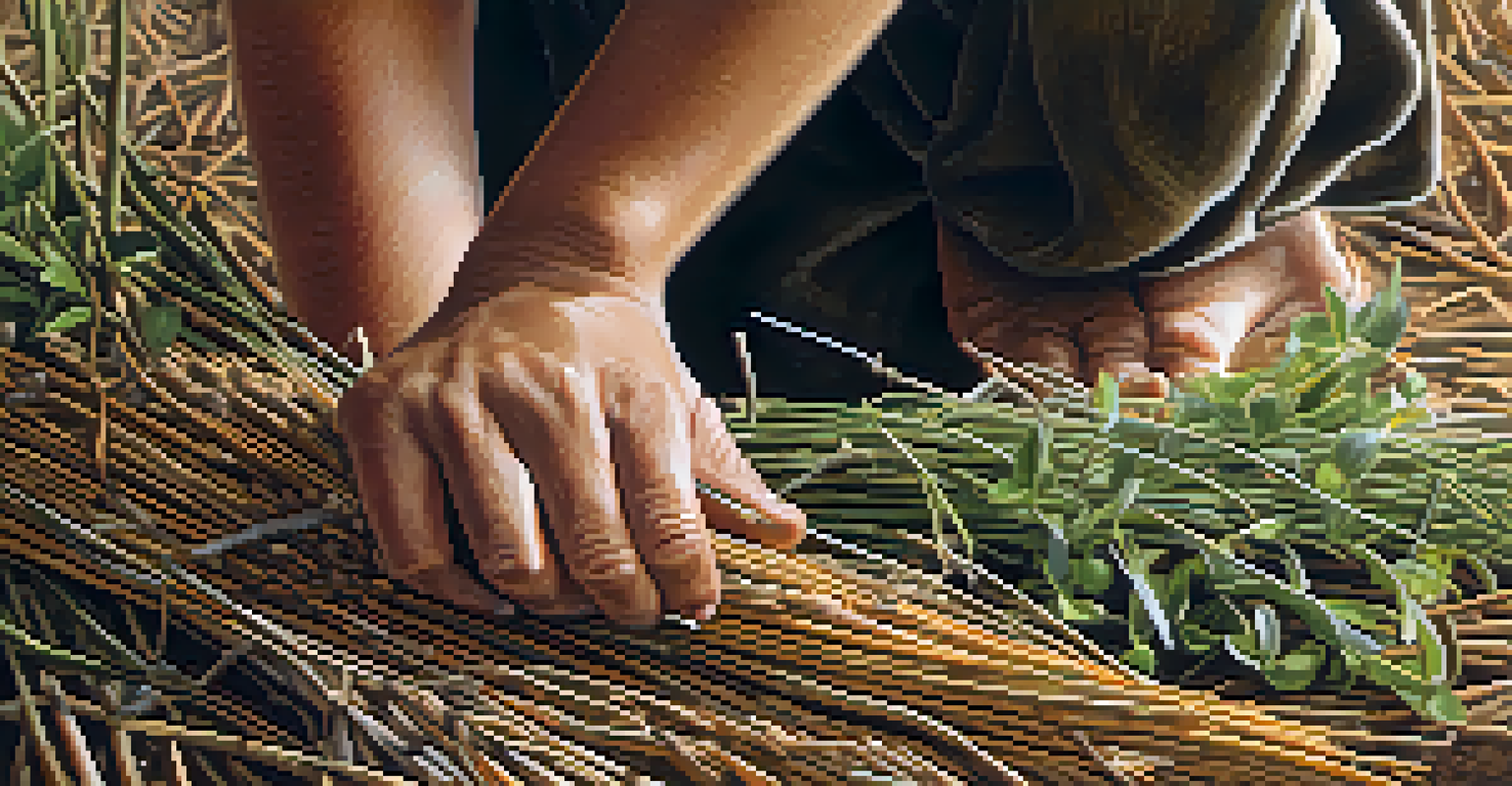 Close-up of hands harvesting native plant materials, showcasing the textures of willow and cedar, highlighting the connection to the earth.