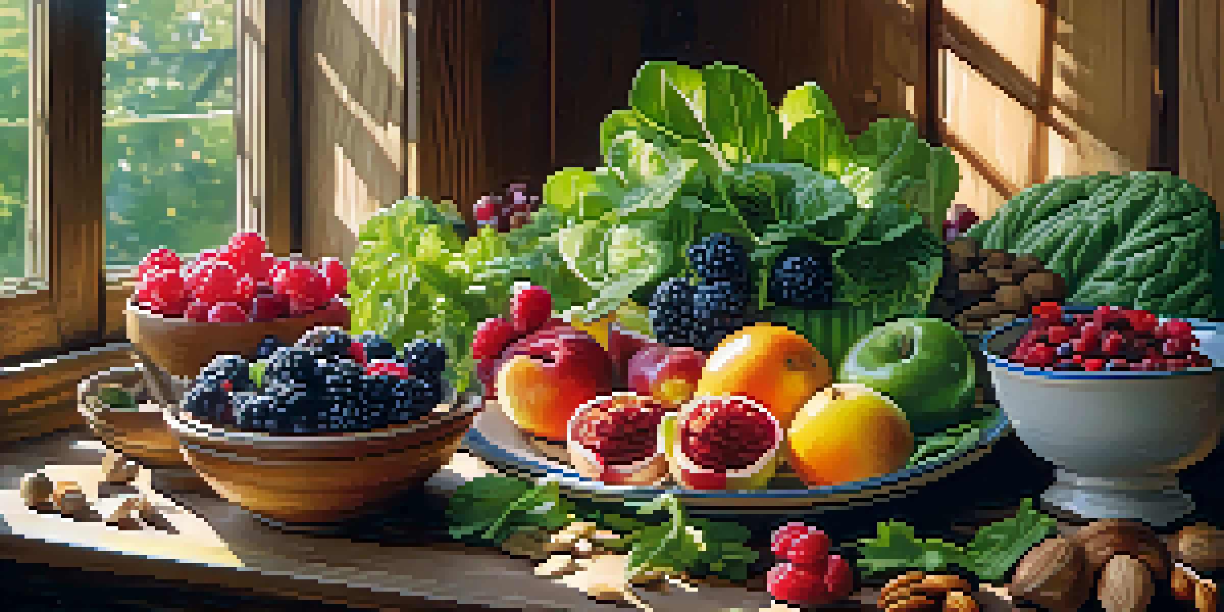 A colorful assortment of fresh plant-based foods, including greens, berries, and nuts, on a wooden table with sunlight filtering through.