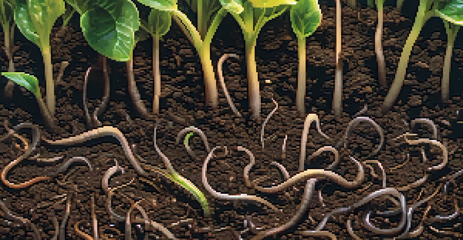 A close-up view of healthy soil with earthworms and microorganisms, surrounded by compost, with sunlight highlighting the textures and green seedlings emerging.