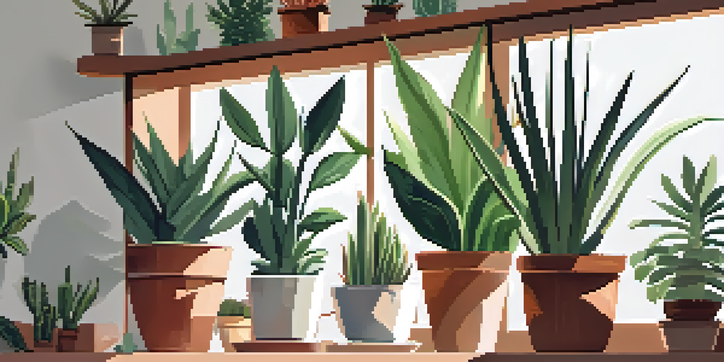 A bright indoor space with various houseplants on a wooden shelf by a sunlit window, showcasing a serene environment.