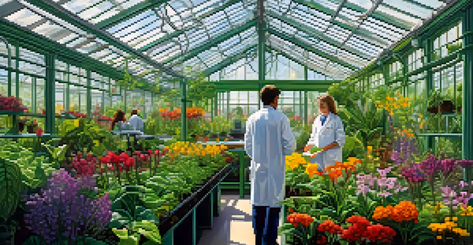 A greenhouse brimming with diverse plants, illuminated by sunlight, as scientists study and document their growth.