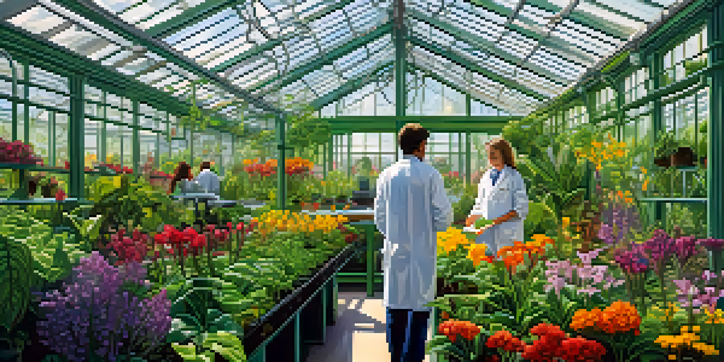 A greenhouse brimming with diverse plants, illuminated by sunlight, as scientists study and document their growth.