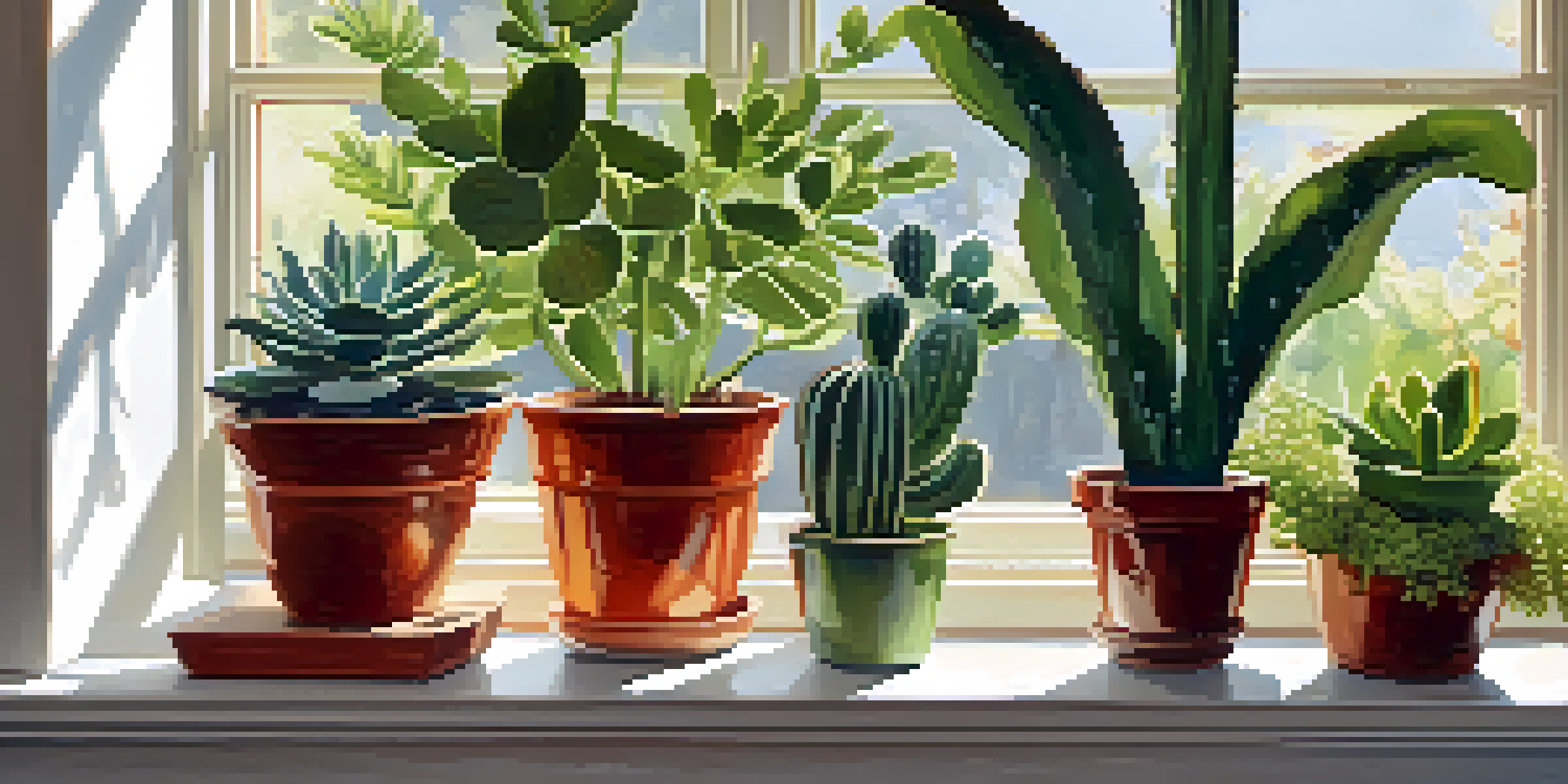 A bright indoor space with various houseplants on a windowsill, illuminated by sunlight.