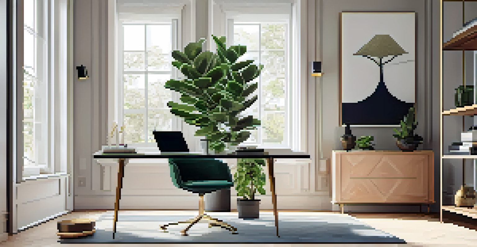 A modern home office corner with a ZZ Plant on a desk, surrounded by minimalist decor and natural light.