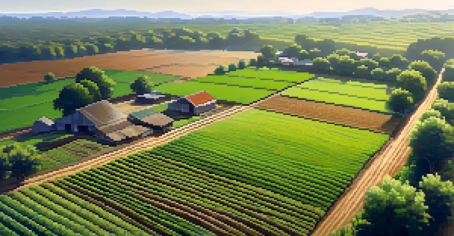 An aerial view of a farm with rows of crops and trees, demonstrating climate-smart agriculture practices.