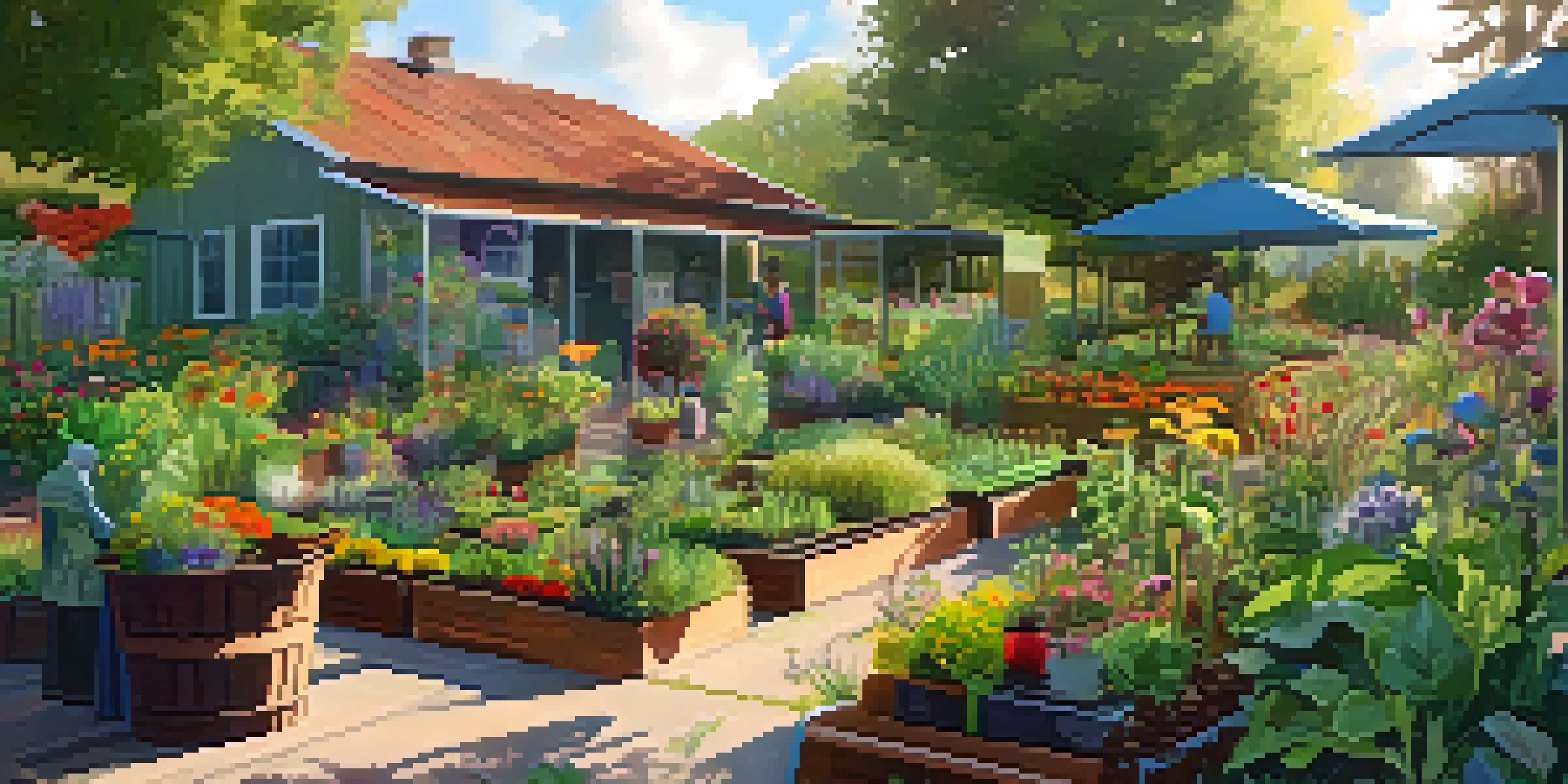 A person working in a lush permaculture garden with various plants and flowers under sunlight.