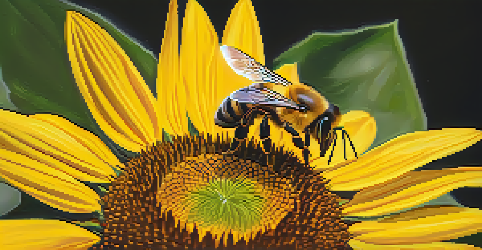 Close-up of a bee on a sunflower, collecting pollen with a blurred background.