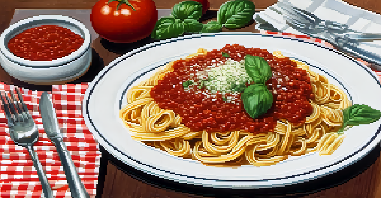 A plate of Italian pasta with tomato sauce and fresh oregano leaves, garnished and presented on a checkered tablecloth.