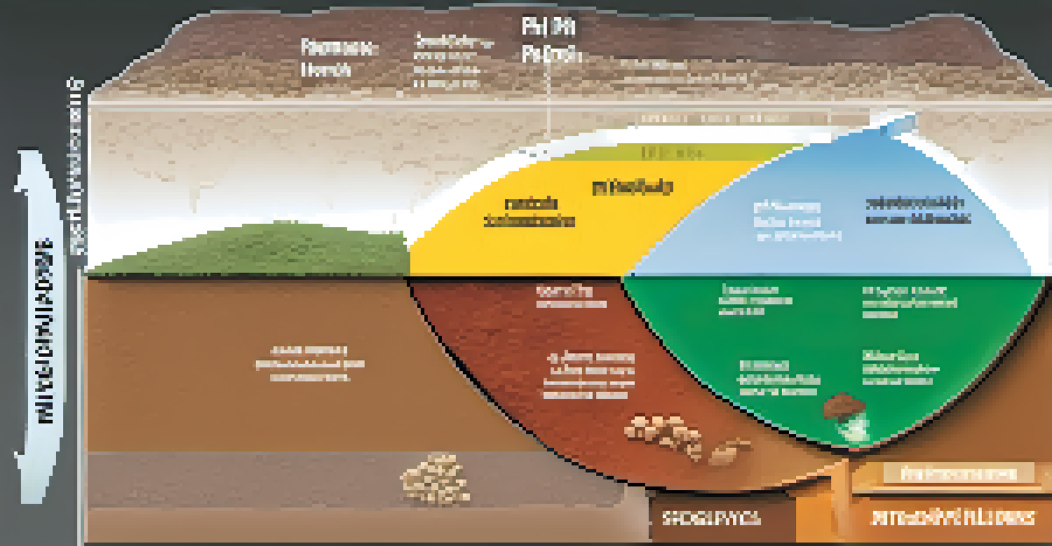 A cross-section of soil showing different layers and pH levels, with annotations about microbial activity and nutrient availability.