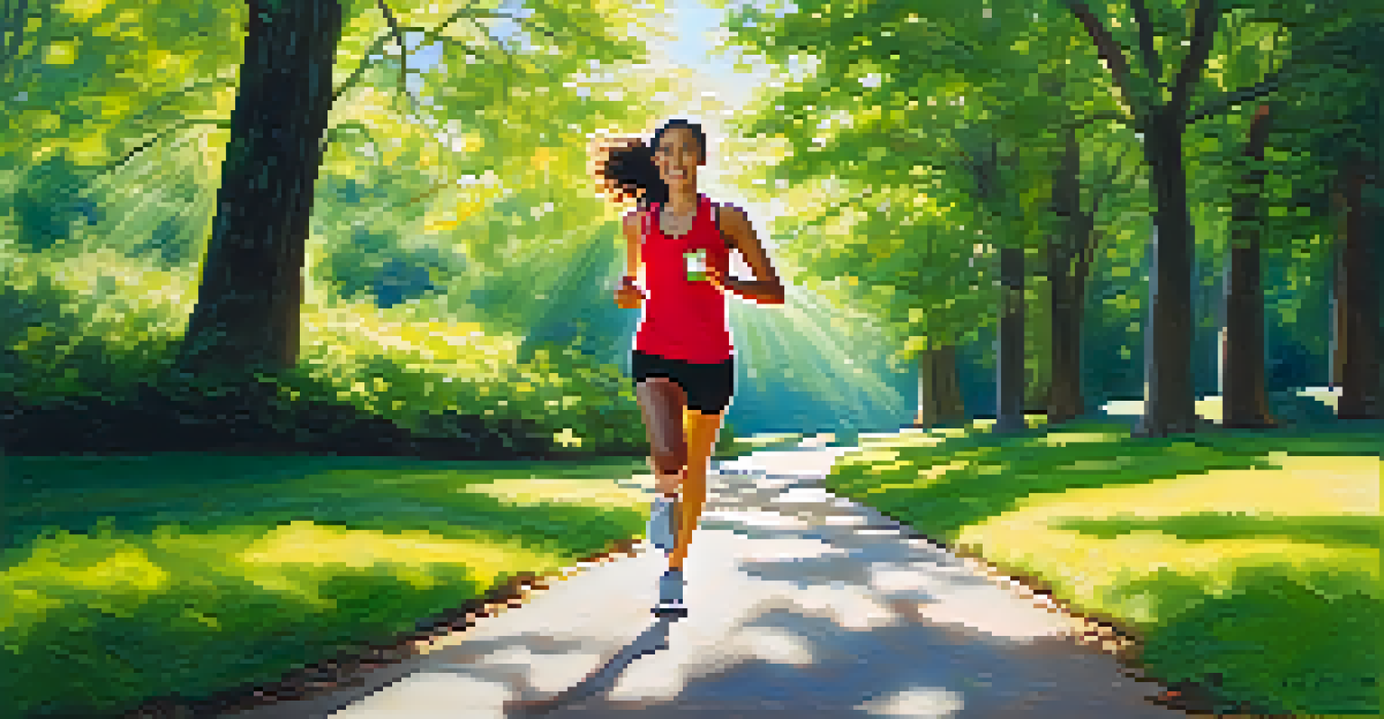 An athlete jogging in a sunny park, holding a ginseng supplement bottle, surrounded by lush greenery and dappled sunlight.