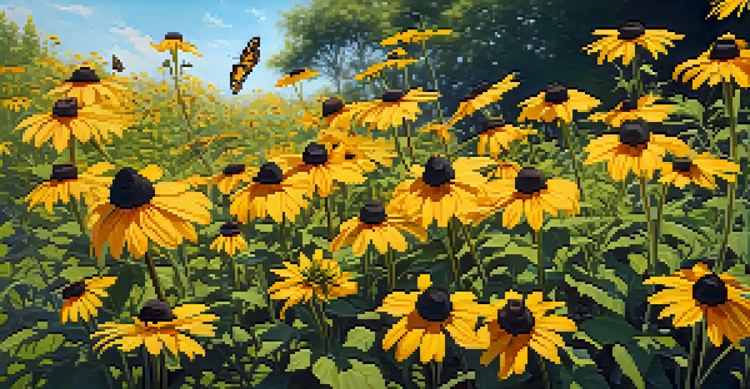 A field of cheerful Black-eyed Susans blooming under a clear blue sky, with butterflies flying around.
