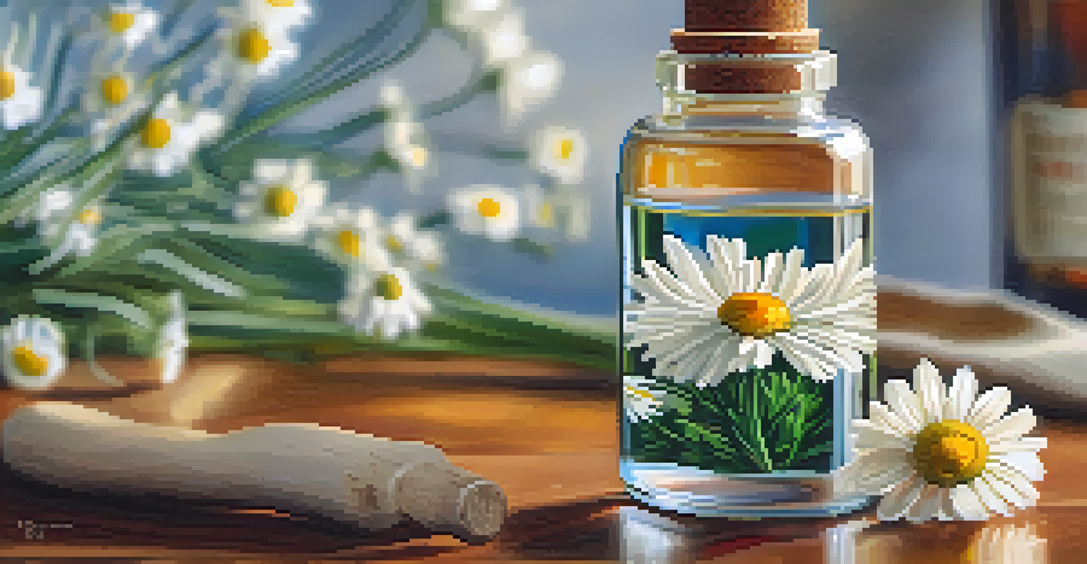A close-up of a hand holding chamomile essential oil with a bouquet of chamomile flowers in the background, illuminated by warm sunlight.
