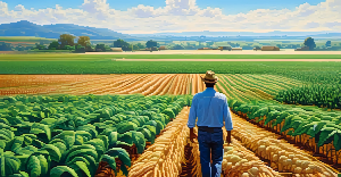 A farmer in a colorful field of genetically modified crops, demonstrating resilience against drought and flooding, with a bright blue sky above.
