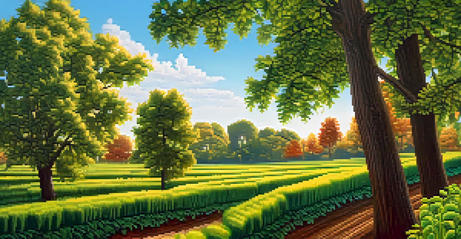 An artistic depiction of diverse plant species like chestnut trees and soybeans thriving in an eco-friendly setting, showcasing the benefits of CRISPR technology for biodiversity and crop health.