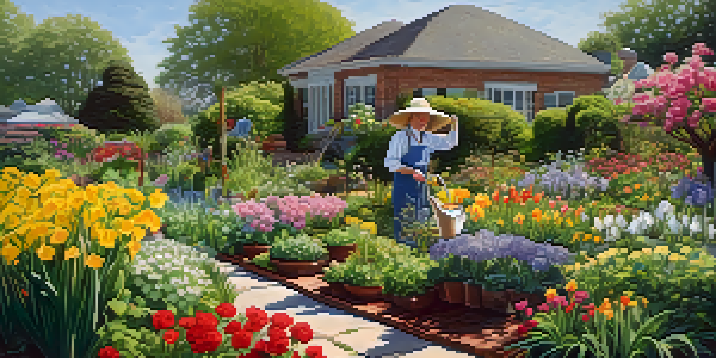 A spring garden with colorful flowers and foliage, a gardener watering plants under bright sunlight.