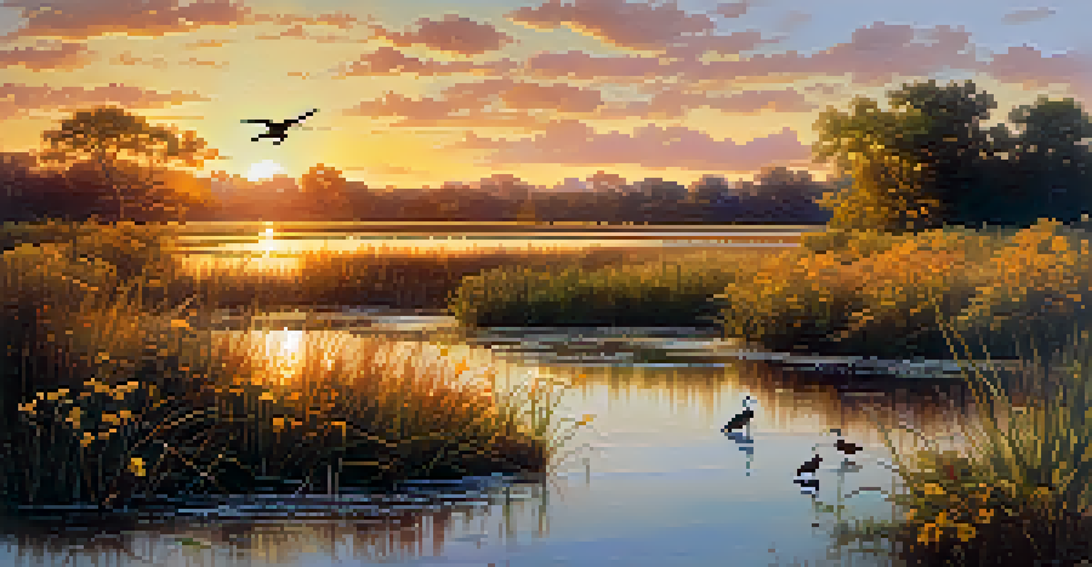 A peaceful wetland with wildflowers, grasses, and birds at sunset, reflecting golden light on the water.