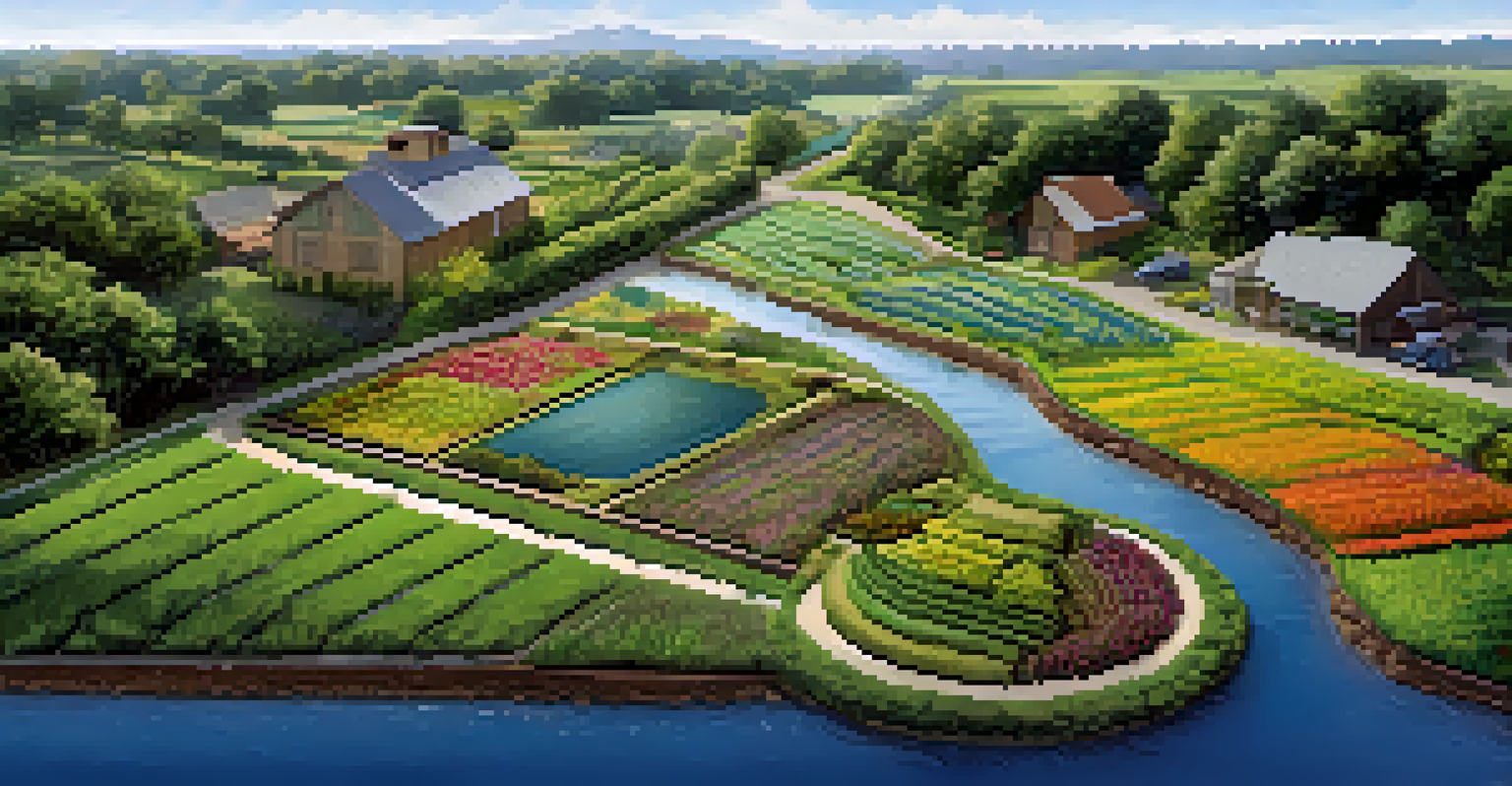 An aerial view of a permaculture landscape with swales and rain gardens, showing vibrant greenery and a clear sky, depicting effective water management.
