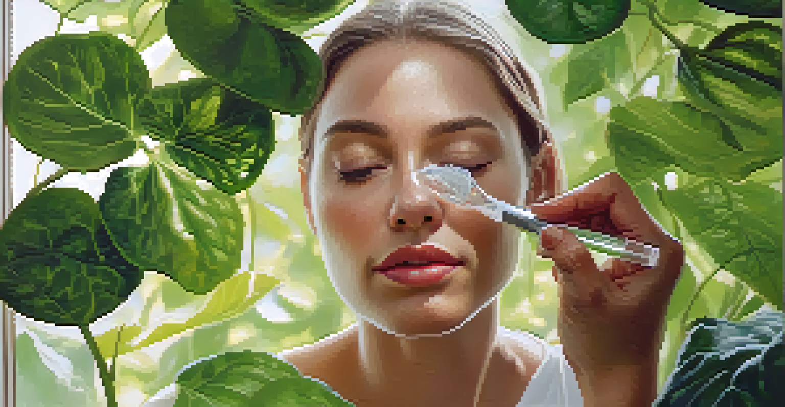 Person applying cucumber gel to their face in a serene outdoor setting with greenery.