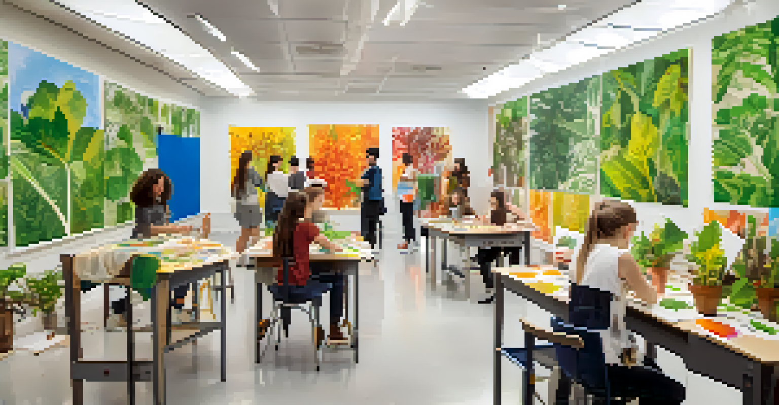 Students creating art projects using plant materials, surrounded by colorful artworks in a bright classroom.