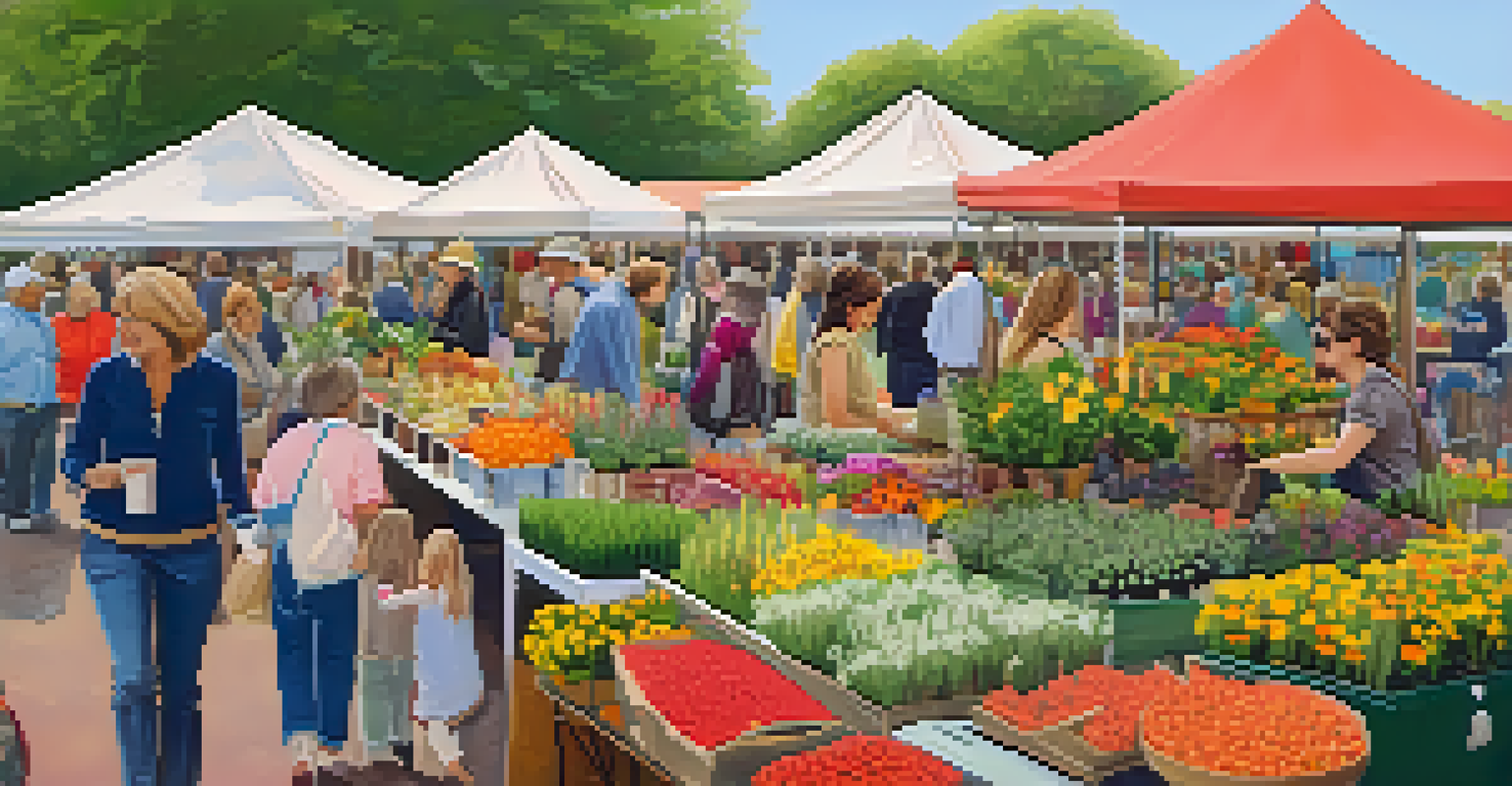 An outdoor market with various stalls selling plants and garden decorations, filled with people enjoying the vibrant atmosphere.