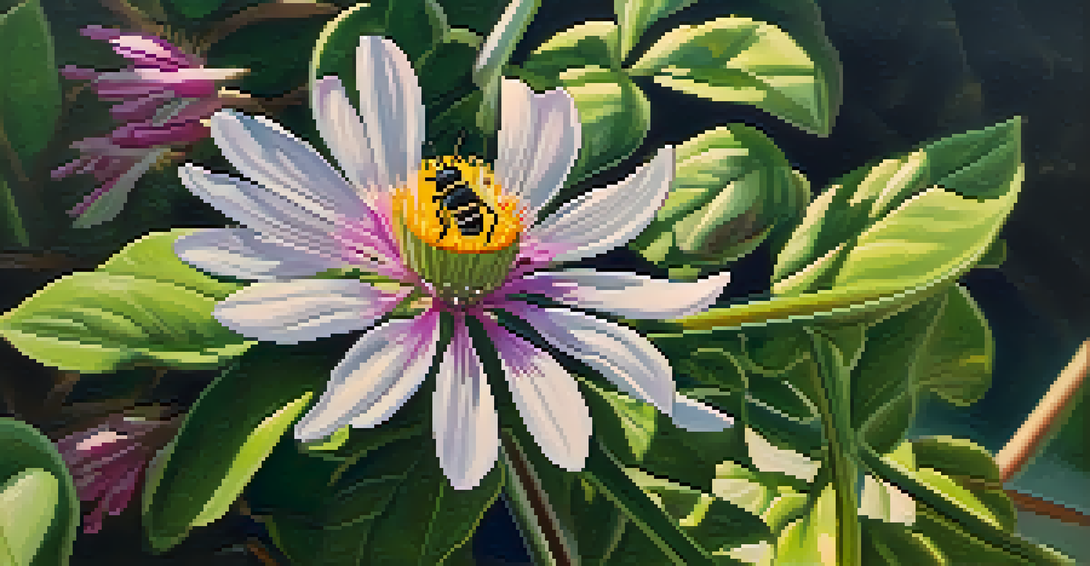 A close-up of a native flowering plant with vibrant petals and green leaves, featuring a bee pollinating the flower, with a blurred background.