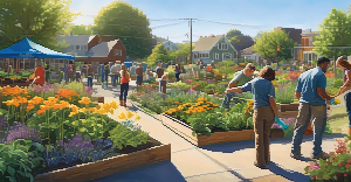 A colorful community garden with various native plants and people planting together in sunlight.