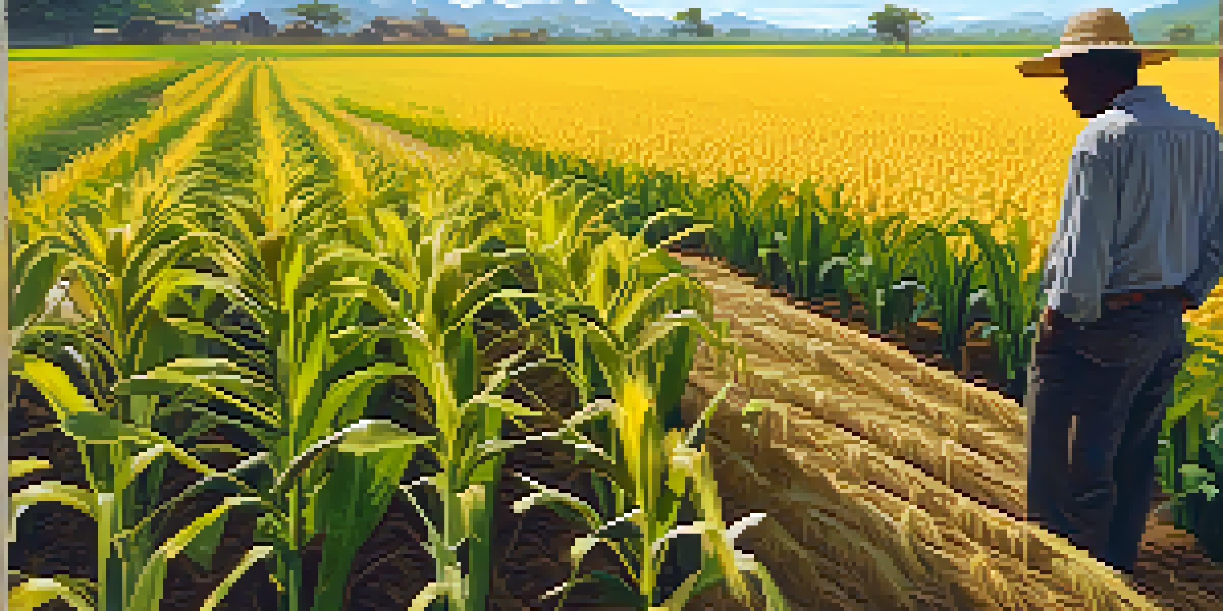 A farmer inspecting a diverse field of climate-adapted crops under warm sunlight.
