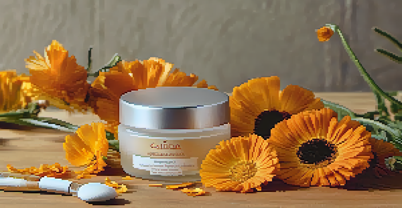 Arrangement of calendula skincare products on a wooden surface with dried petals.