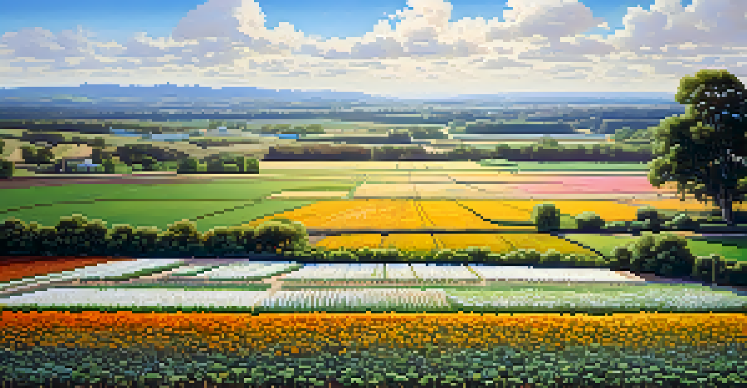 An aerial view of an agricultural field with vibrant crops and wildflowers, showing mycorrhizal fungi networks beneath the soil.