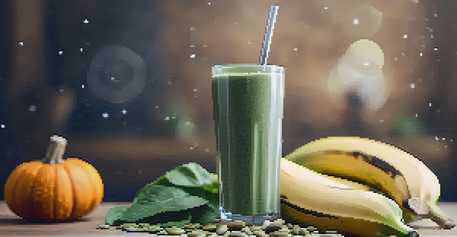 A close-up of a smoothie made from spinach and banana in a glass, garnished with pumpkin seeds, with fitness equipment in the background.