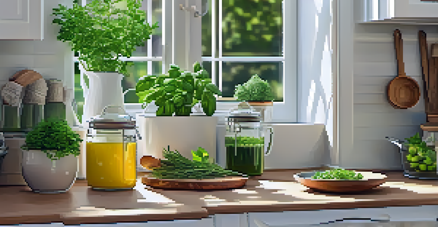 A bright and colorful kitchen filled with fresh herbs on the windowsill, showcasing a modern design and warm sunlight.