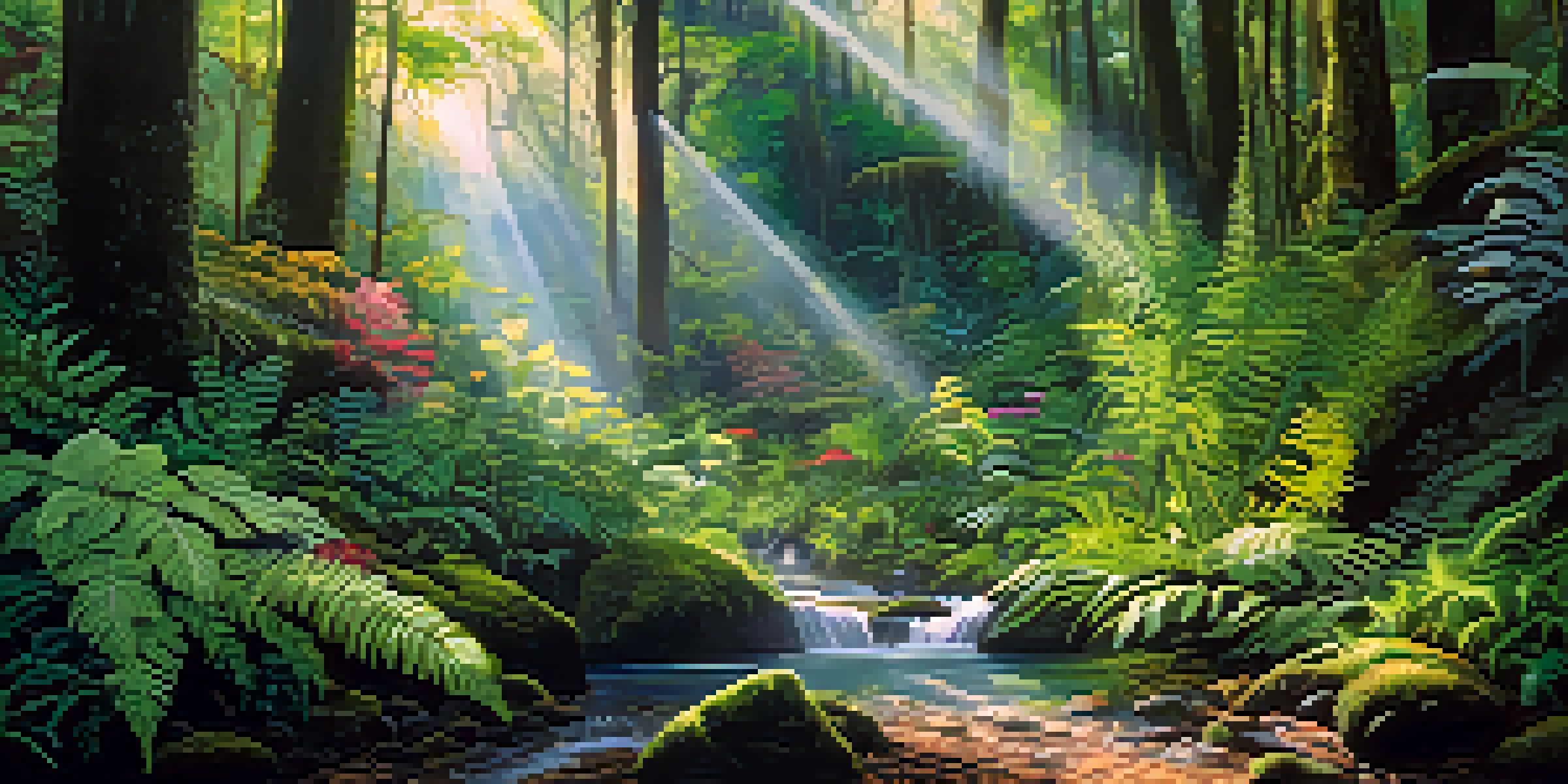 A lush rainforest with a variety of plants, sunlight shining through the trees, and a stream running through.
