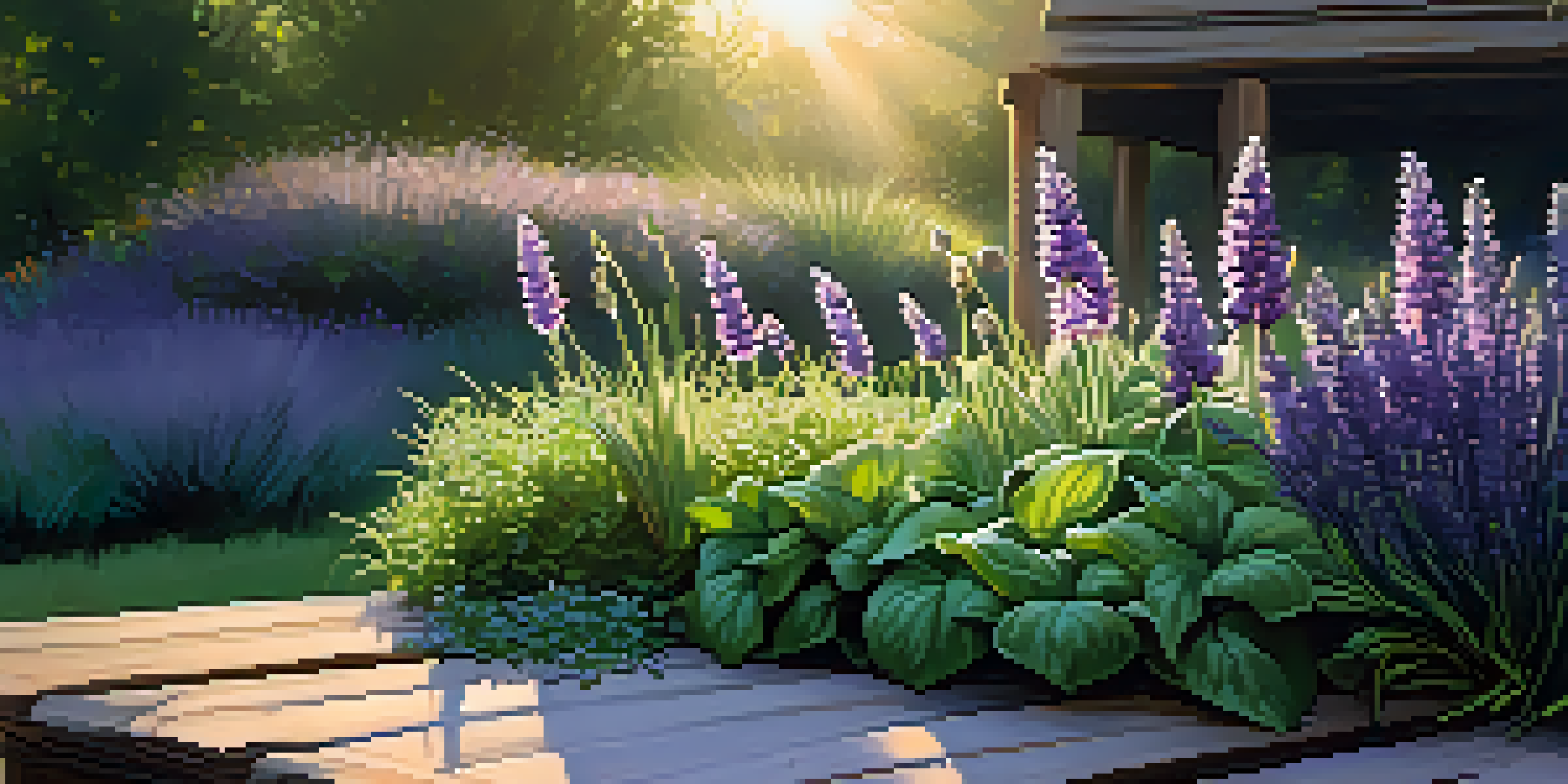 A peaceful herb garden at sunrise with various herbs like basil, lavender, and chives, accompanied by a rustic wooden bench.