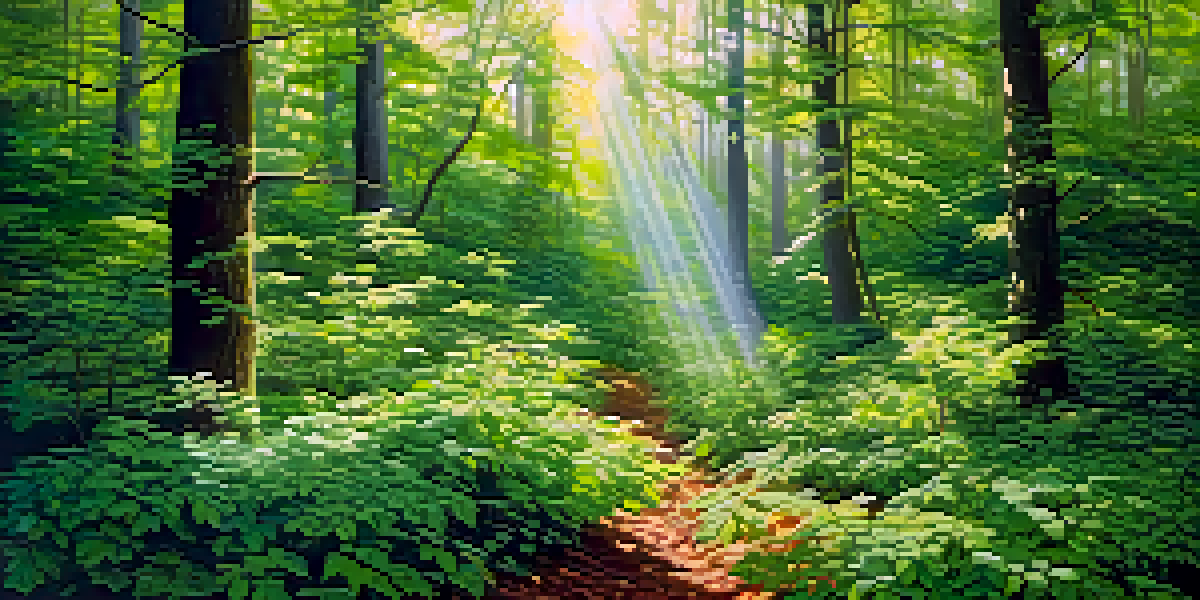 A lush green forest with sunlight filtering through the leaves, creating light patterns on the ground, and blooming flowers scattered throughout.