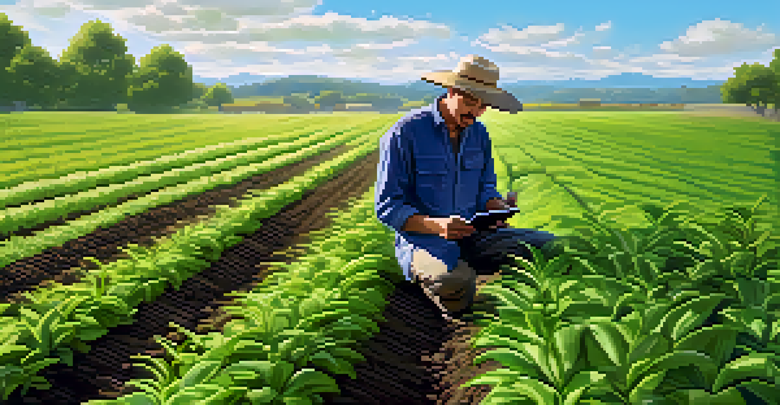 A farmer in a green field with a tablet, utilizing soil moisture sensors for sustainable water management.