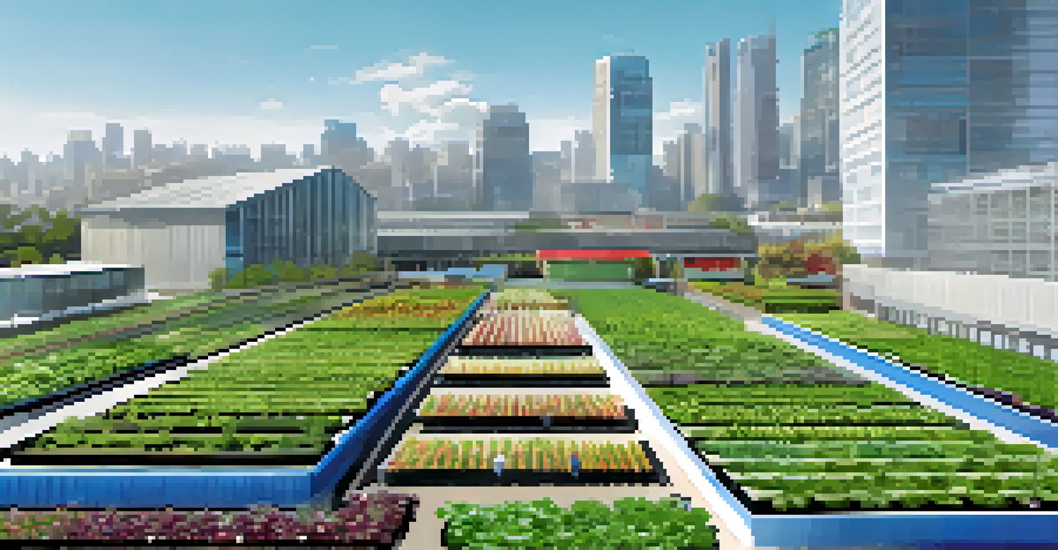 An aerial view of a vertical hydroponic farm in an urban area, showing stacked crops against city buildings.