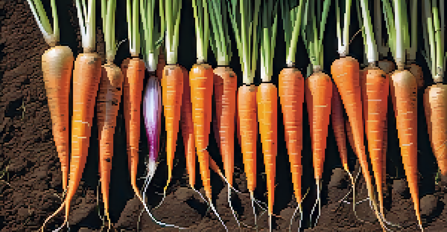 A row of carrots and onions growing together in a garden, with warm sunlight enhancing their colors.