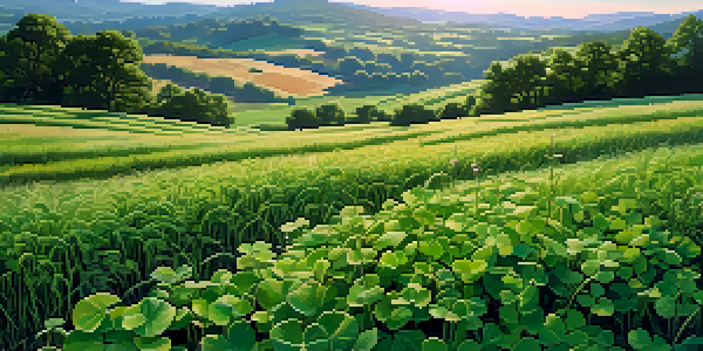 A colorful field of clover and rye cover crops under a clear blue sky, showcasing lush green plants and visible root systems.