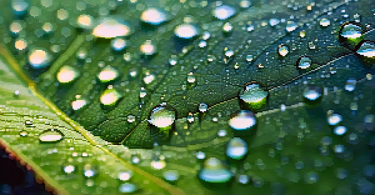 A close-up of a leaf covered in dew drops, highlighting the textures and details of the leaf.