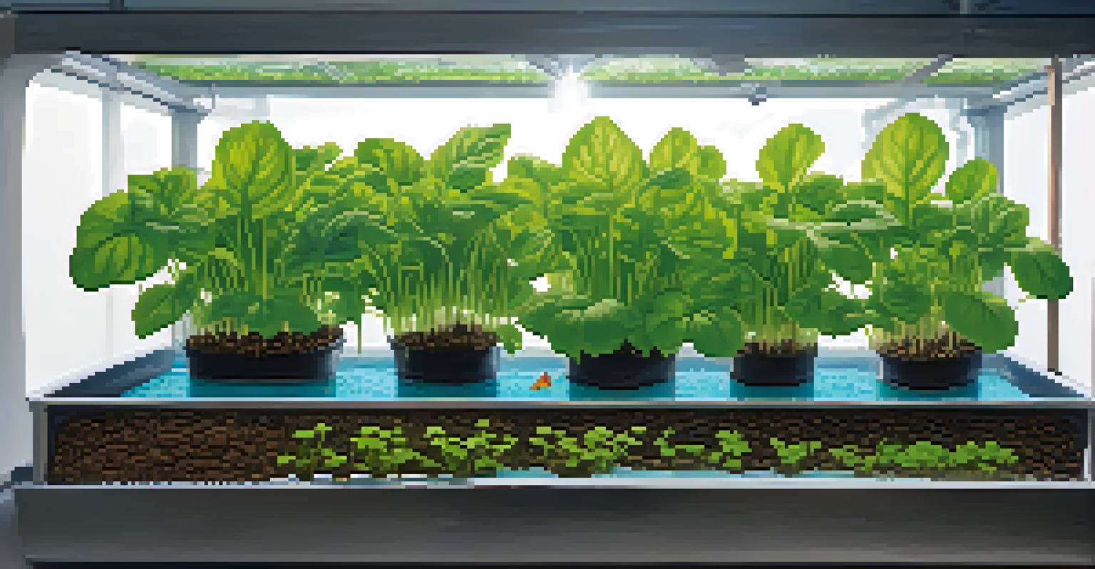 Close-up of an aquaponics grow bed with seedlings and a fish tank below, showing details of leaves and filtration.