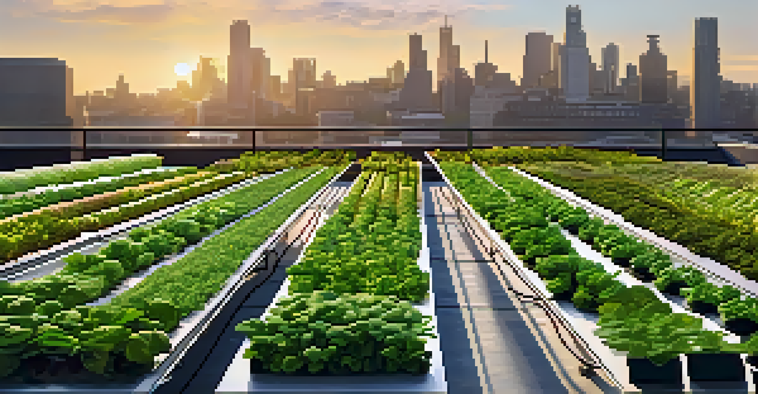 A rooftop vertical farm filled with herbs and vegetables overlooking a city skyline during sunset.