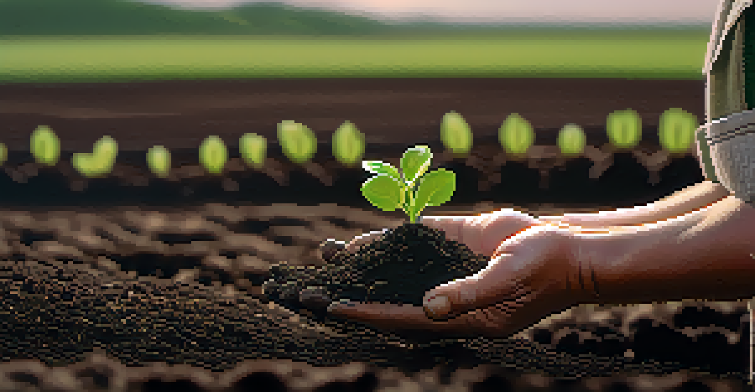 A close-up of hands holding dark soil with small green sprouts, set against a blurred field background.