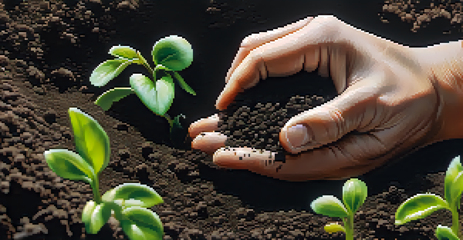 Close-up of a gardener's hands planting seeds in dark soil, with small green shoots in the background.